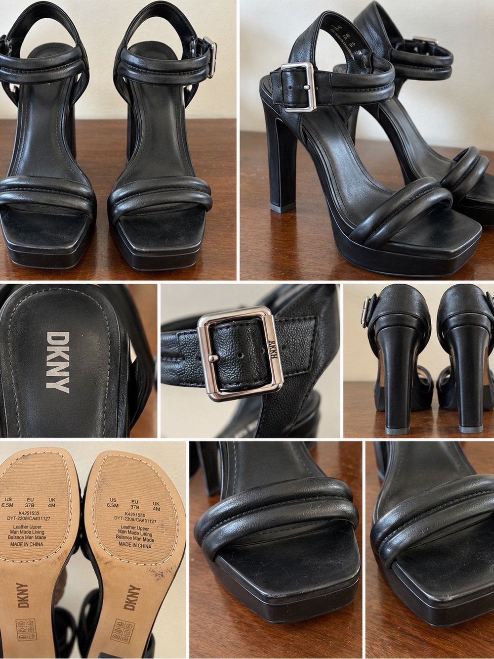 DKNY Black Leather Platform Ankle-Strap Heels